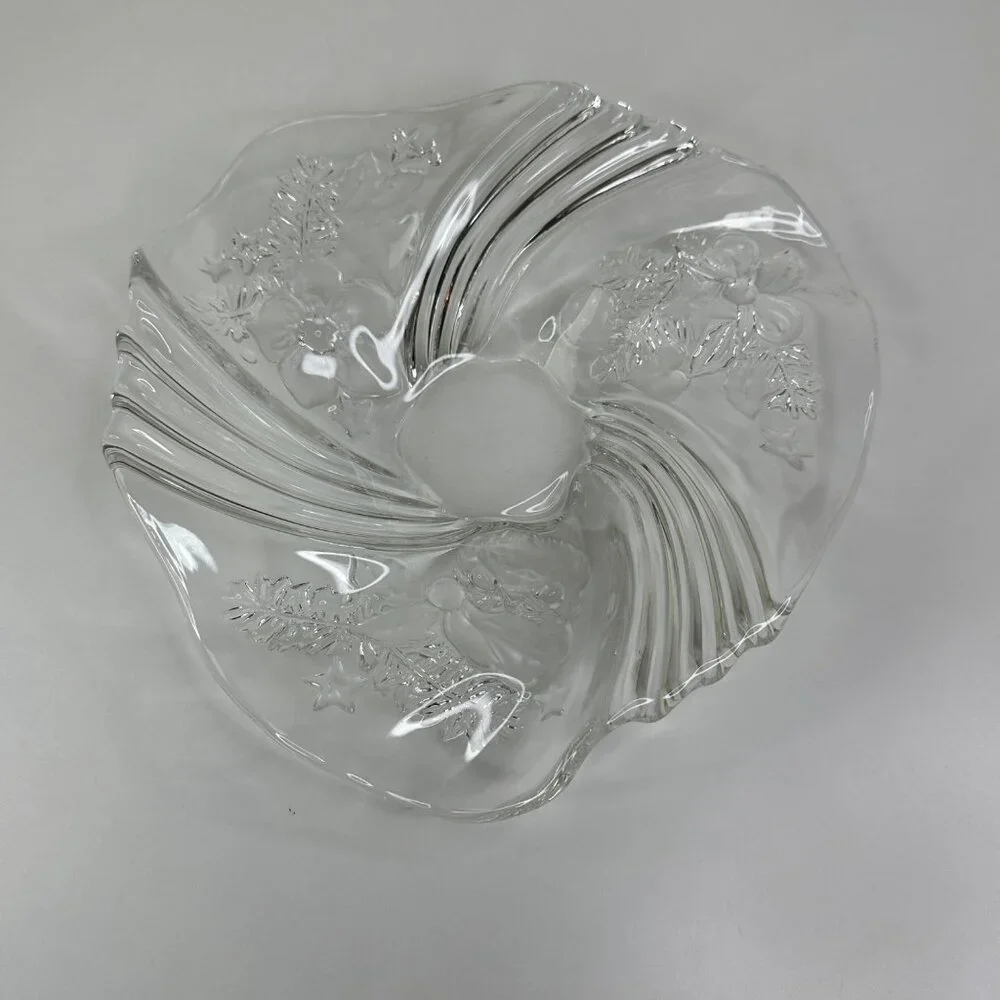 Vintage Mikasa Etched Glass Christmas Medley Bowl Candy Dish With Holiday Design